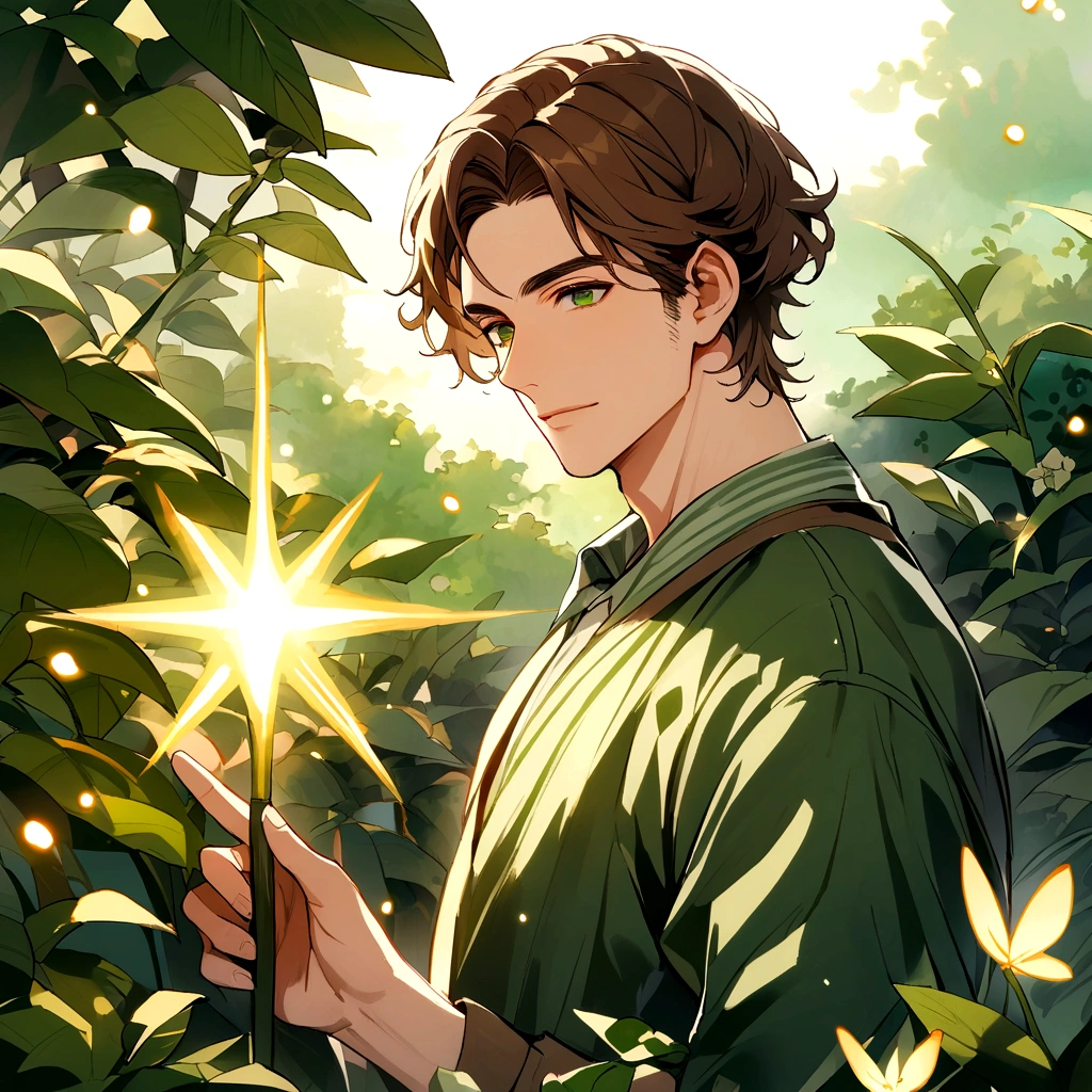 adult male gardener - brown hair - dark green eyes - in a garden