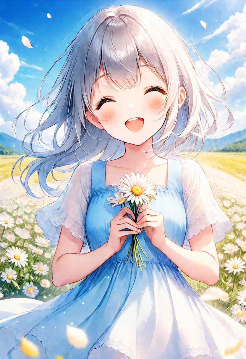 1girl,flower,outdoors,solo,dress,long hair,closed eyes,sky,holding,smile,cloud,open mouth,field,blush,day,blue sky,white flower,holding flower,flower field,short sleeves,teeth,blue dress,petals,:d,facing viewer,grey hair,floating hair,wind,happy,^_^,daisy,upper teeth only,white dress