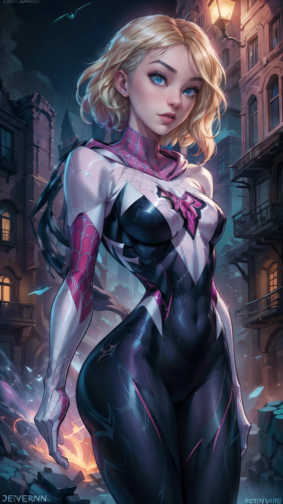 (La Best Quality,A high resolution,Ultra - detailed,actual),Spider -gwen standing in a city at night, araña-gwen, araña - gwen, (spider gwen:1.4) , (Gwen Stacy:1.4) ,,(Ruined dungeon ruins background:1.4 ), in the Artgerm Style, Artgerm Style, Artgerm Style, graphic artist artgerm, Betty Cooper, comic artgerm, in artgerm style, as seen on artgerm, Epic Fantasy Art Style HD, 4K fantasy art, epic fantasy digital art style, epic fantasy art style, Fantasy Woman, epic fantasy art portrait, Epic fantasy style, hyperrealistic fantasy art, hd fantasy art, Epic fantasy character art, epic fantasy art, in style of dark fantasy art, epic fantasy digital art, (perfect anatomy :1.4),( cinematic lighting :1.4), (uniform lasts white), More detailed 8K.unreal engine:1.4,UHD,La Best Quality:1.4, photorealistic:1.4, skin texture:1.4, Masterpiece:1.8,first work, Best Quality,object object], (detailed face features:1.3),(Beautiful blue eyes),  (cowboy pose), (face detailed Gwen Stacy :1.4),( Gwen Stacy :V2.1) 