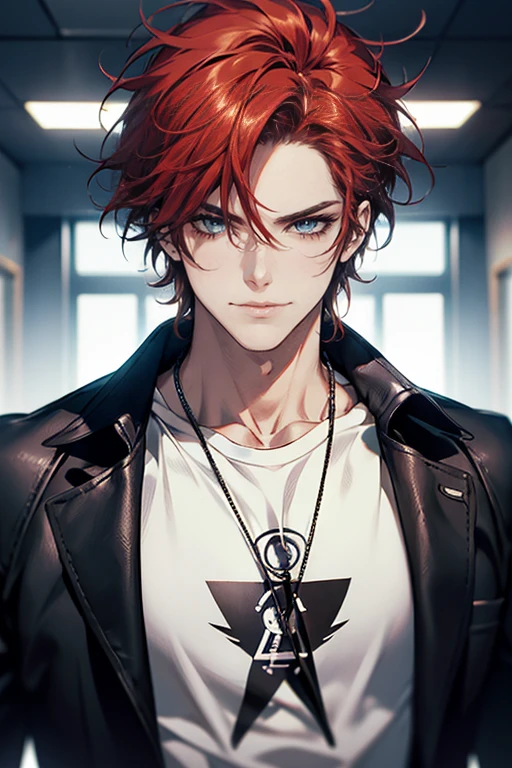(tmasterpiece, high resolution, ultra - detailed:1.0), (1 male, masculine face), Perfect male body, Adult male, Delicate eyes and delicate face, Extremely detailed CG, Unity 8k wallpaper, Complicated details, Detailed face, (red hair, messy hair, serious faces, white T-shirt, 31 year), (frown,smile in love:1.3), hand in pocket, empresa corporativoa, CEO, black leather jacket, color difference, Depth of field, dramatic shadow, Ray tracing, Best quality, Cinematic lighting, offcial art,Portrait