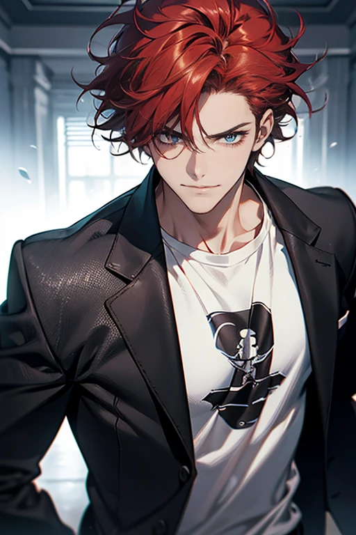 (tmasterpiece, high resolution, ultra - detailed:1.0), (1 male, masculine face), Perfect male body, Adult male, Delicate eyes and delicate face, Extremely detailed CG, Unity 8k wallpaper, Complicated details, Detailed face, (red hair, messy hair, serious faces, white T-shirt, 31 year), (frown,smile in love:1.3), hand in pocket, empresa corporativoa, CEO, black leather jacket, color difference, Depth of field, dramatic shadow, Ray tracing, Best quality, Cinematic lighting, offcial art,Portrait