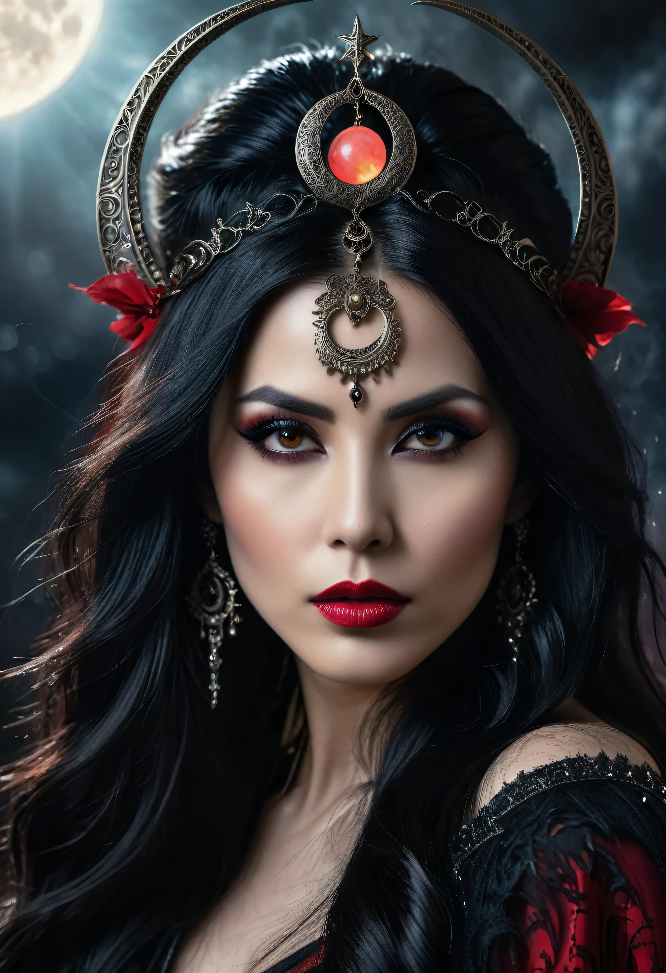 A stunning dark fantasy portrait of a woman with long, flowing black hair adorned with a crescent moon headpiece, piercing red eyes, and a dark, intricate outfit with glowing accents, set against a moody, atmospheric background with glowing elements. The image has a cinematic, dramatic feel, with a focus on the woman's intense and captivating expression.