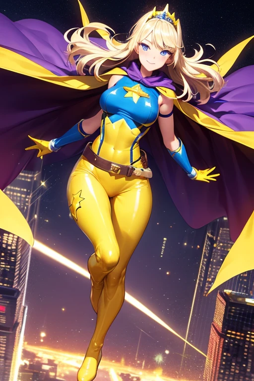 ((best quality)), ((masterpiece)), (detailed), 1 girl, Full body, 19 years old, Smiling face, Blue eyes, Star-shaped tiara, Arms outstretched, Arms behind waist, Masked face, Eye mask, Superhero mask, Blue mask, Blushing, Blonde hair, Straight hair, Long hair, Bangs, 2 star clips on the sides of hair, Full body, Medium breasts, Slim body, Hands with yellow stars, Wrist bands, Long yellow gloves, Purple gloves, Superhero costume, Superheroes, Full yellow full body suit, With a large yellow star in the center, Star emblem, Somewhat tight, Long yellow cape on waist, Red belt, Thighs with purple pantyhose, Purple boots, Flying, City background, Anime