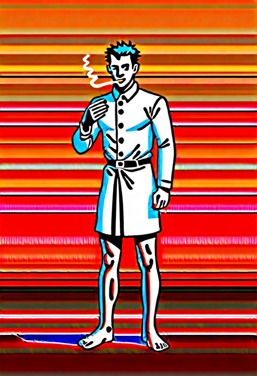 Illustration, detailed illustration, ultra detailed, masterwork, 1man, 45 year old man, handsome, slicked back black hair, smug expression, smirk, white linen suit, barefoot, mud on feet, dirty feet, muddy feet, standing, blazing red eyes, cigarette in hand, exhaling smoke
