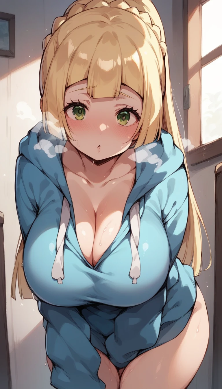 nsfw,,1 person,Sweat,White Breath,solo,,Pokémon,Lillie,Groin bulge,(Cleavage voyeur),Leaning forward,room,(((Big Breasts))),hoodie