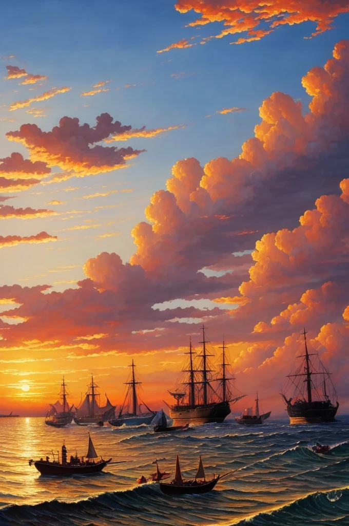 a painting of a sunset scene with ships in the water, painted by andreas rocha, by Bertalan Karlovszky, by Aleksander Gine, by Andreas Rocha, by Fyodor Rokotov, by Konstantin Savitsky, by Alexey Venetsianov, by Yang J, by Andrey Yefimovich Martynov