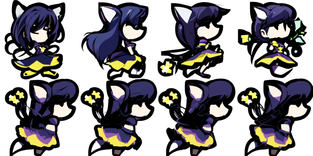 a close up of a cartoon character with different poses, spritesheet, sprite sheet, with familiar sprites, sprites, fairy girl, morgana, default pose neutral expression, twirling, sprite 2 d, shady, green fairy, smol,  multiple poses, cute chibi, kawaii
