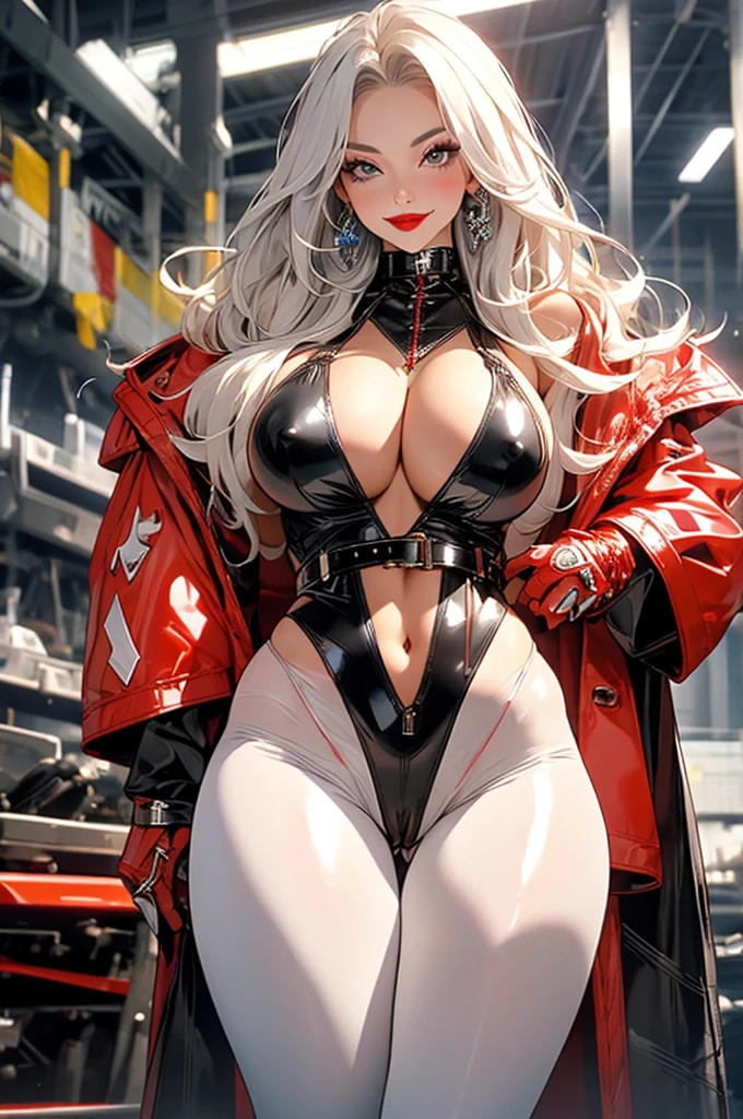 (Masterpiece, masterpiece, extremely detailed and precise).
A woman wearing a tight full-body latex suit. A white latex suit that tightens your body. Glittering latex shine. BDSM. Plump body. Her huge breasts and huge ass are emphasized.
Show your erect nipples:1.2. Crotch crack. Iron shackles on wrists and ankles. Long silver hair, bright red lips, and an obscene smile.
(A metal loincloth belt that digs into the crotch and tightens it.)
A lot of machinery lined up in the background. bdsm, nsfw.