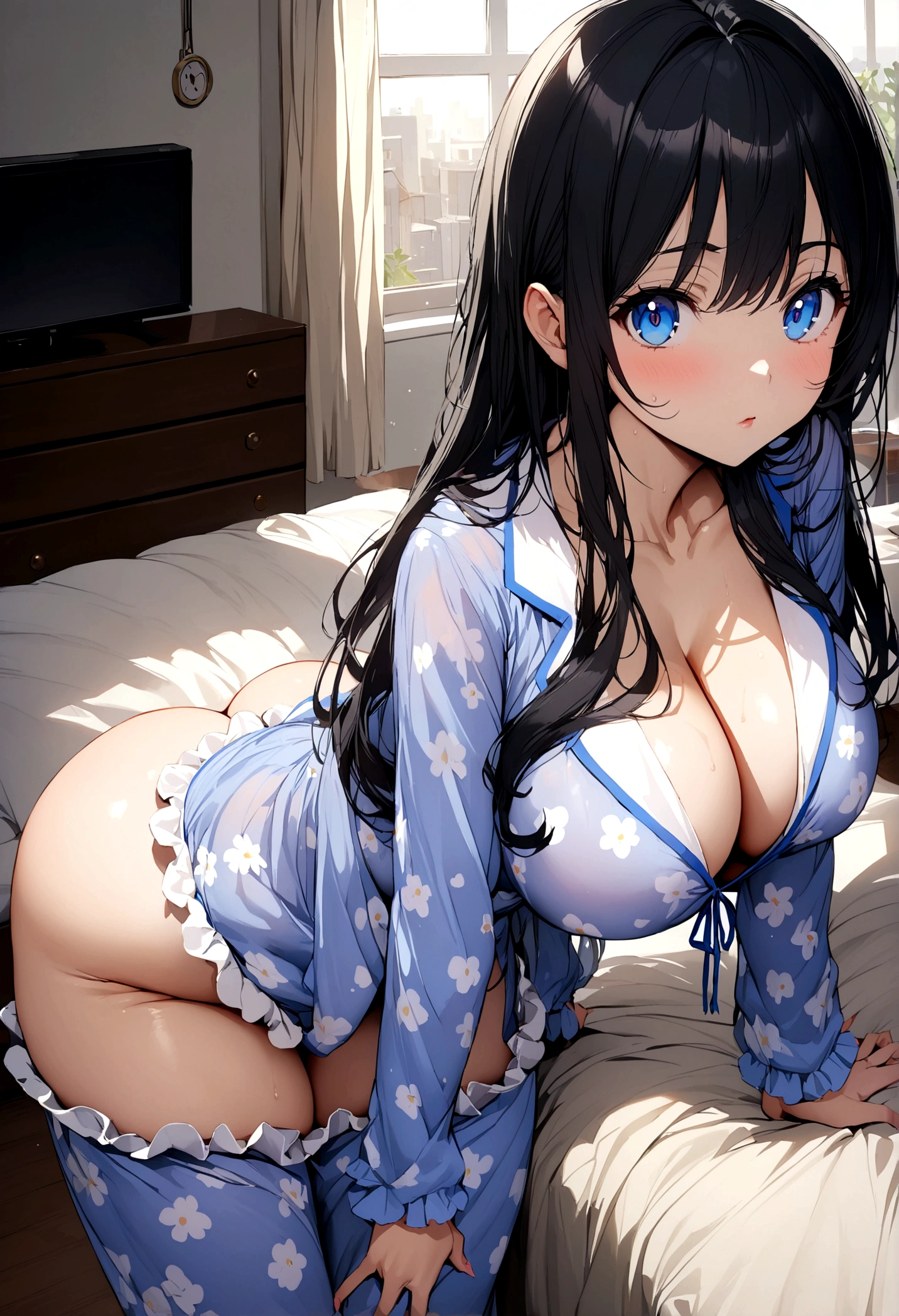 Anime girl long black hair, blue eyes, With big breasts and slim with hips and ass, In short sensual summer pajamas in her apartment