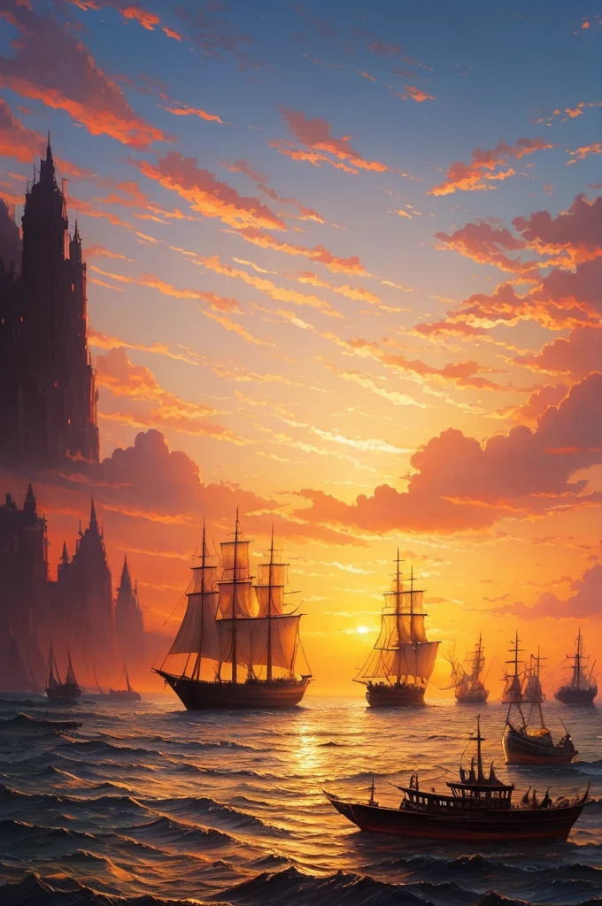 a painting of a sunset scene with ships in the water, painted by andreas rocha, by Bertalan Karlovszky, by Aleksander Gine, by Andreas Rocha, by Fyodor Rokotov, by Konstantin Savitsky, by Alexey Venetsianov, by Yang J, by Andrey Yefimovich Martynov