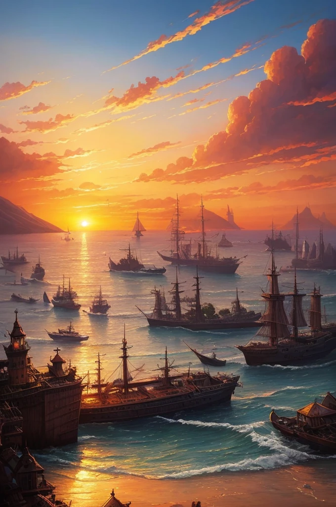 a painting of a sunset scene with ships in the water, a matte painting by Bertalan Karlovszky, trending on cgsociety, fantasy art, painted by andreas rocha, the style of andreas rocha, dawn cgsociety, style of marc simonetti, andreas rocha style, art style of marc simonetti