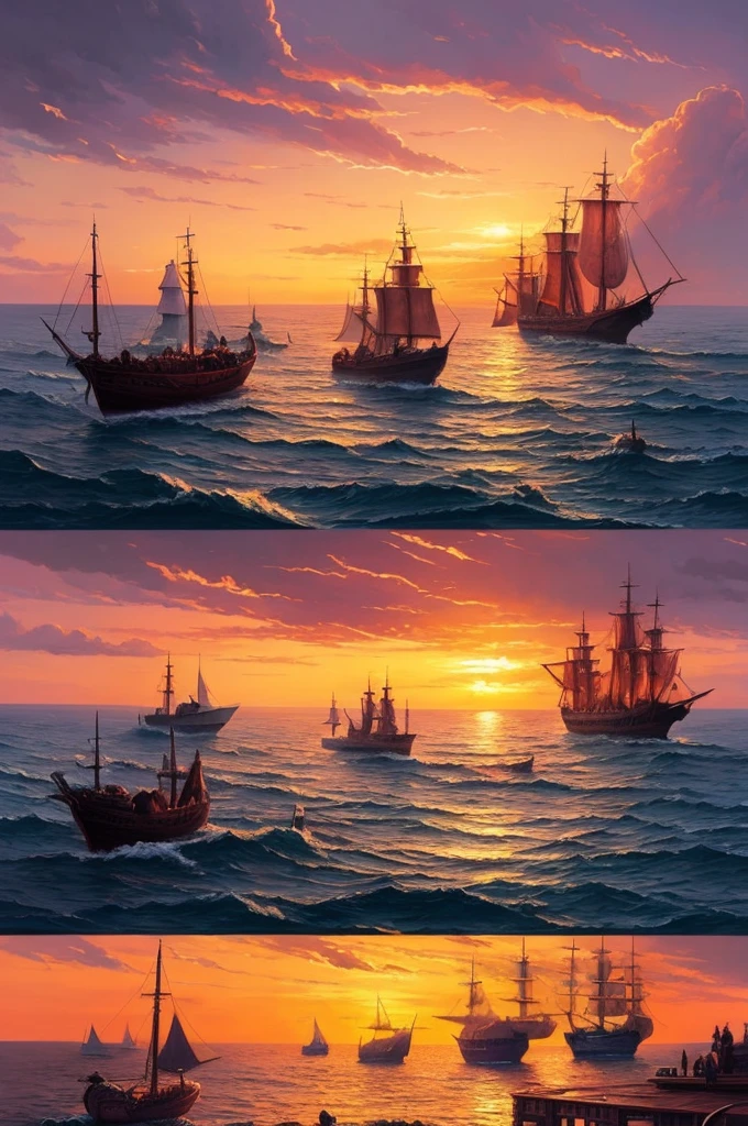a painting of a sunset scene with ships in the water, a matte painting by Bertalan Karlovszky, trending on cgsociety, fantasy art, painted by andreas rocha, the style of andreas rocha, dawn cgsociety, style of marc simonetti, andreas rocha style, art style of marc simonetti