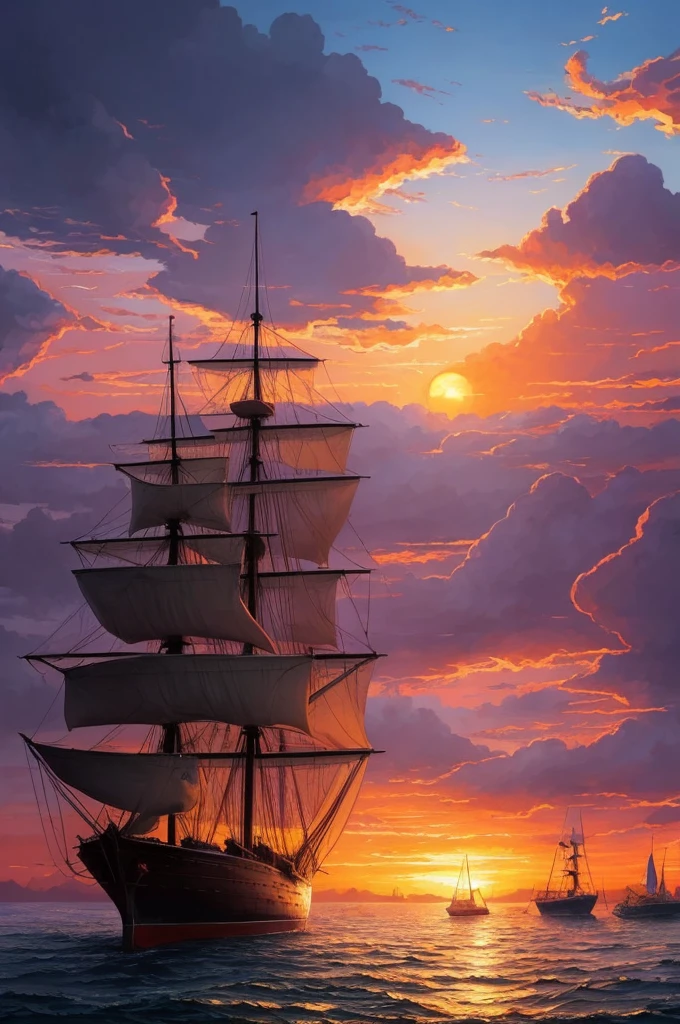 a painting of a sunset scene with ships in the water, painted by andreas rocha, by Bertalan Karlovszky, by Aleksander Gine, by Andreas Rocha, by Fyodor Rokotov, by Konstantin Savitsky, by Alexey Venetsianov, by Yang J, by Andrey Yefimovich Martynov