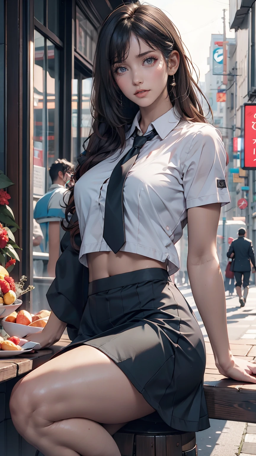 (8K, RAW Photos, masterpiece:1.3), (Realistic, photo-Realistic:1.37), (night), (View your viewers:1.331), (Gray Hair), Pause, Tokyo Street, nightcityscape, Cyberpunk City, Soft Light, One girl, Very beautiful face, bust, Put your hands down, Random hairstyle, Random representation, Big eyes, Lower abdomen, (Short sleeve .ＪＫ_shirt), ＪＫ_style, (dark blue ＪＫ_skirt), (bow ＪＫ_tie), Mix 4., Highest quality、Sexy proportions、Sexy、erotic、