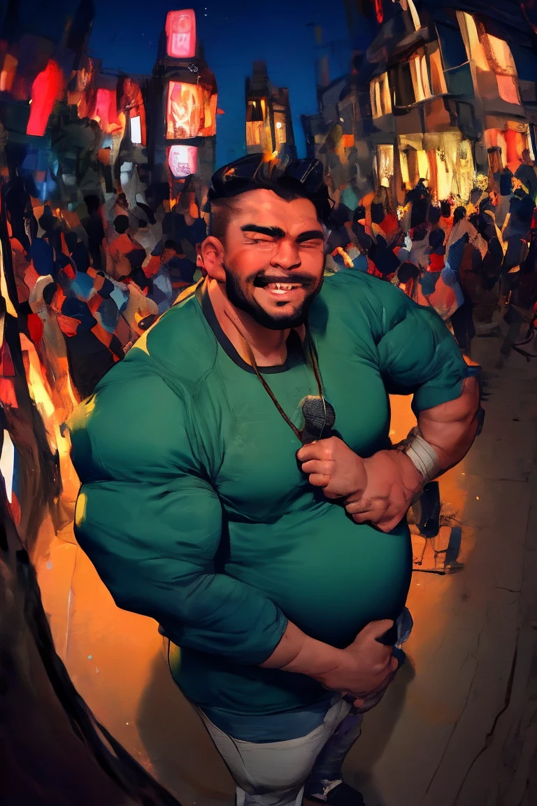 A beefy bearded Asian badboys man with a more bigger body size, big pregnancy belly, pumped chest, tribal art style tattoos, authoritative and protective expression, hugging from behind, worshiping and squeezing his chest, wearing a rapper outfit with pirate details, night neon seaport lights, low angle camera, add bandage around his body, holding a mic and singing, flexing muscles, fisheye camera