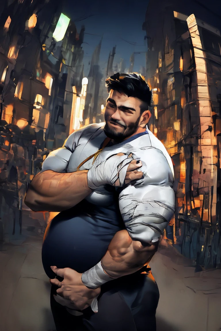 A beefy bearded Asian badboys man with a more bigger body size, big pregnancy belly, pumped chest, tribal art style tattoos, authoritative and protective expression, hugging from behind, worshiping and squeezing his chest, wearing a rapper outfit with pirate details, night neon seaport lights, low angle camera, add bandage around his body, holding a mic and singing, flexing muscles, fisheye camera