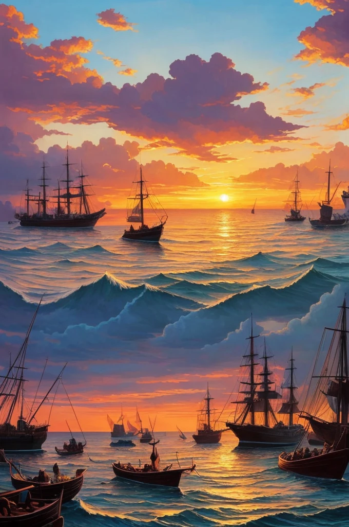 a painting of a sunset scene with ships in the water, painted by andreas rocha, by Bertalan Karlovszky, by Aleksander Gine, by Andreas Rocha, by Fyodor Rokotov, by Konstantin Savitsky, by Alexey Venetsianov, by Yang J, by Andrey Yefimovich Martynov