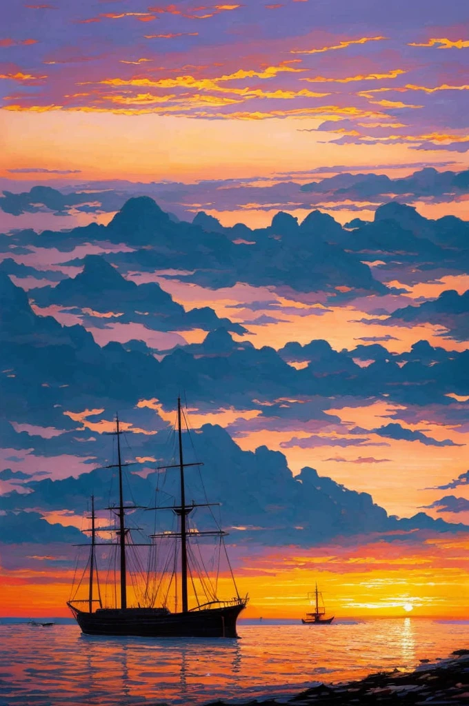 a painting of a sunset scene with ships in the water, painted by andreas rocha, by Bertalan Karlovszky, by Aleksander Gine, by Andreas Rocha, by Fyodor Rokotov, by Konstantin Savitsky, by Alexey Venetsianov, by Yang J, by Andrey Yefimovich Martynov