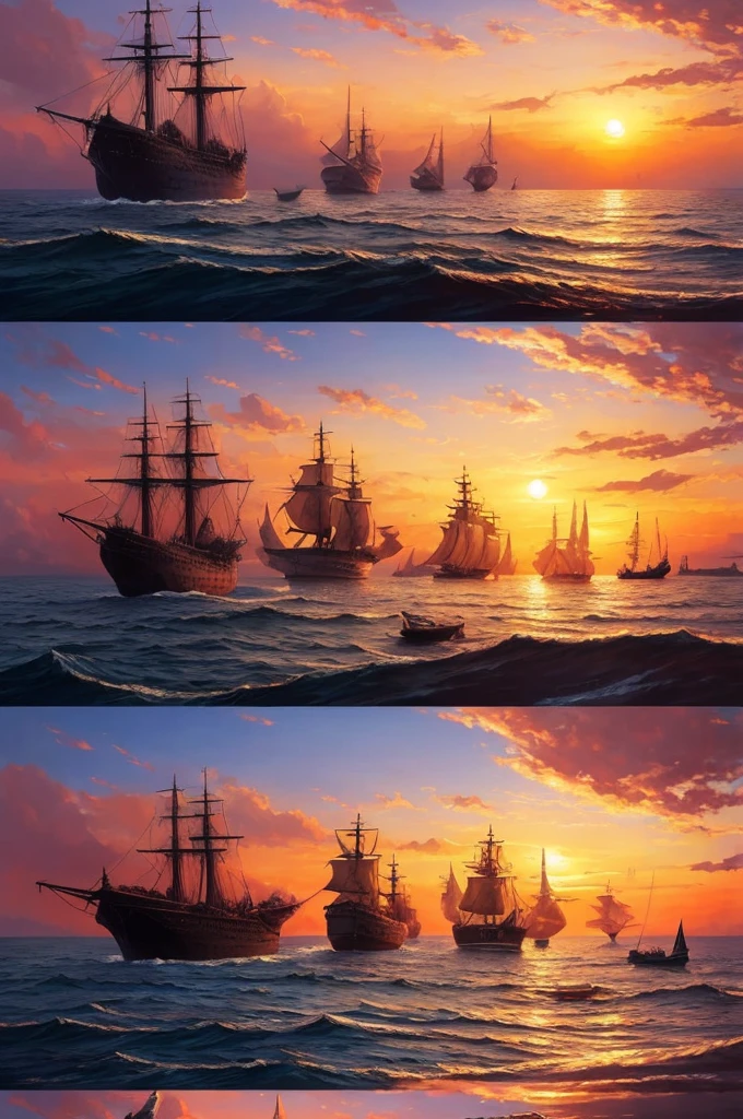 a painting of a sunset scene with ships in the water, a matte painting by Bertalan Karlovszky, trending on cgsociety, fantasy art, painted by andreas rocha, the style of andreas rocha, dawn cgsociety, style of marc simonetti, andreas rocha style, art style of marc simonetti