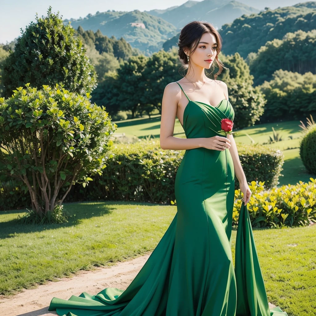 Create an image of a woman wearing a green dress, participating as the Bachelorette. She is holding a red rose in her hand. The setting should be elegant and romantic, with a backdrop that suggests a formal event or a beautiful outdoor location. The woman should have a confident and graceful pose, exuding charm and sophistication.