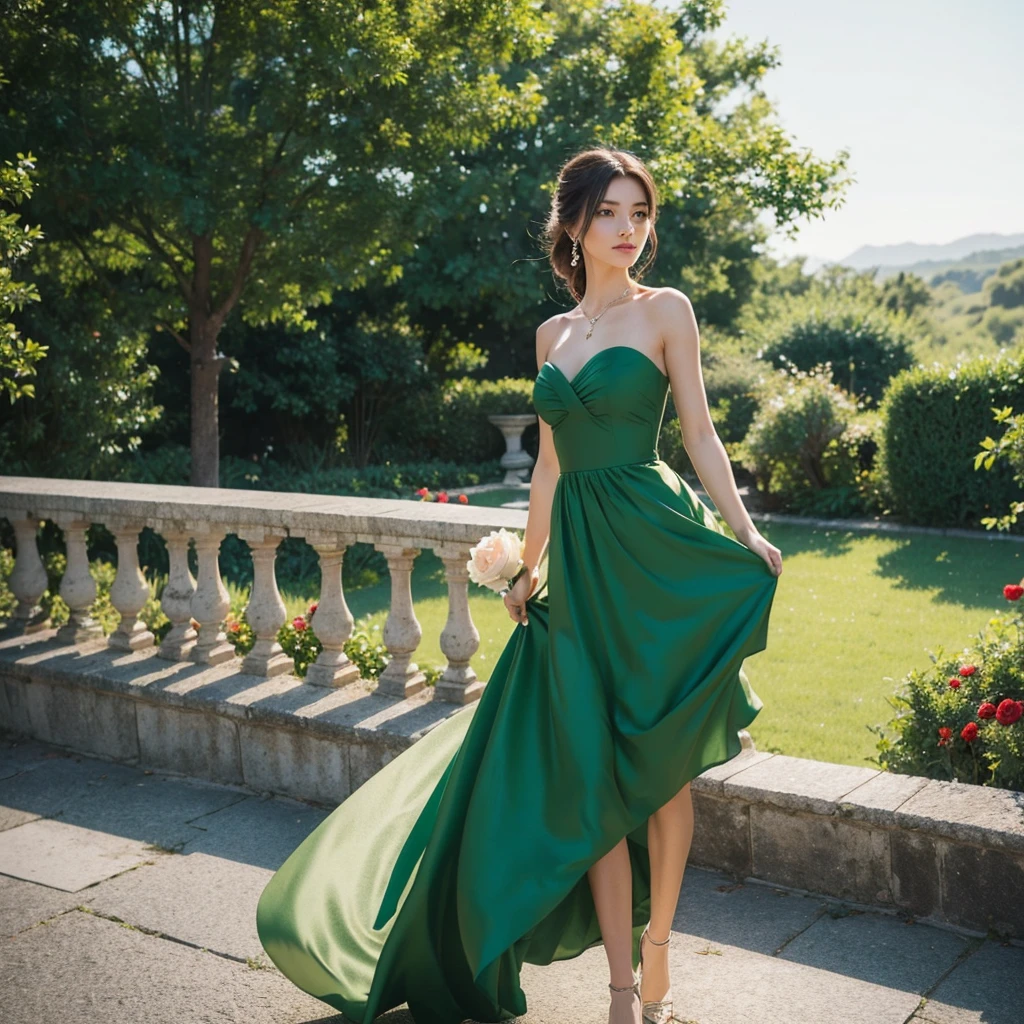 Create an image of a woman wearing a green dress, participating as the Bachelorette. She is holding a red rose in her hand. The setting should be elegant and romantic, with a backdrop that suggests a formal event or a beautiful outdoor location. The woman should have a confident and graceful pose, exuding charm and sophistication.