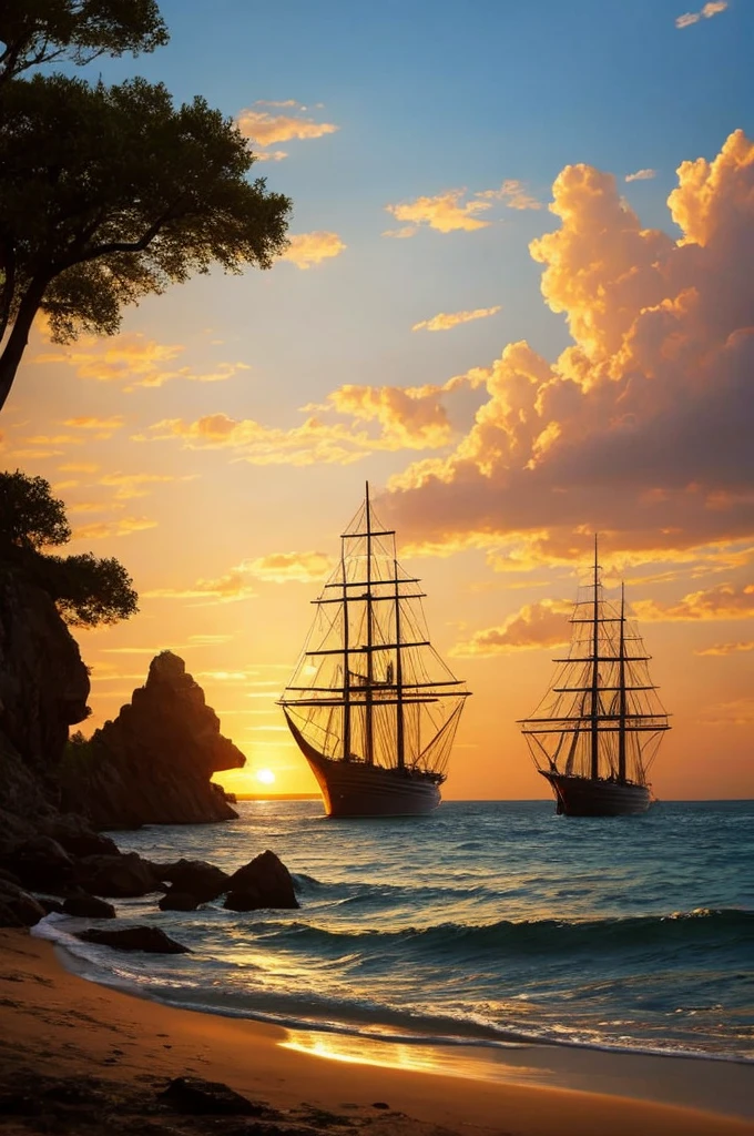 a painting of a sunset scene with ships in the water, painted by andreas rocha, by Bertalan Karlovszky, by Aleksander Gine, by Andreas Rocha, by Fyodor Rokotov, by Konstantin Savitsky, by Alexey Venetsianov, by Yang J, by Andrey Yefimovich Martynov