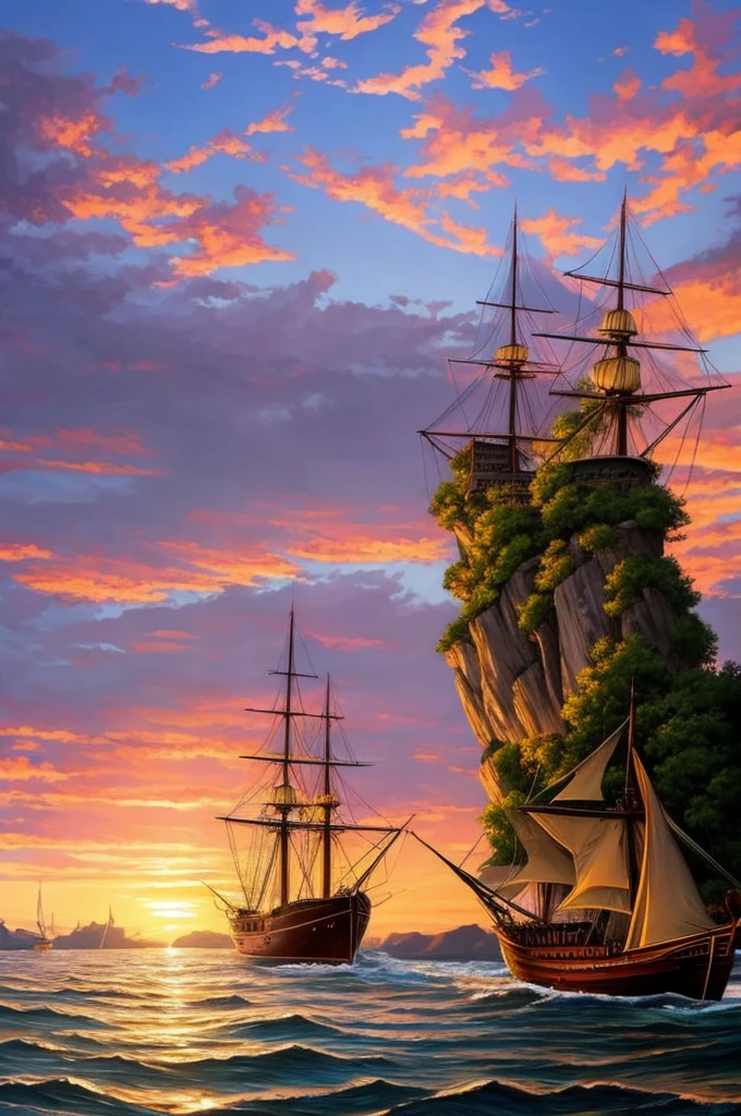 a painting of a sunset scene with ships in the water, painted by andreas rocha, by Bertalan Karlovszky, by Aleksander Gine, by Andreas Rocha, by Fyodor Rokotov, by Konstantin Savitsky, by Alexey Venetsianov, by Yang J, by Andrey Yefimovich Martynov