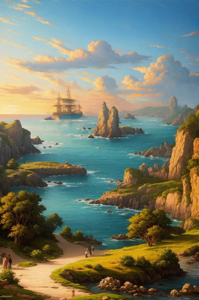 a painting of a sunset scene with ships in the water, painted by andreas rocha, by Bertalan Karlovszky, by Aleksander Gine, by Andreas Rocha, by Fyodor Rokotov, by Konstantin Savitsky, by Alexey Venetsianov, by Yang J, by Andrey Yefimovich Martynov