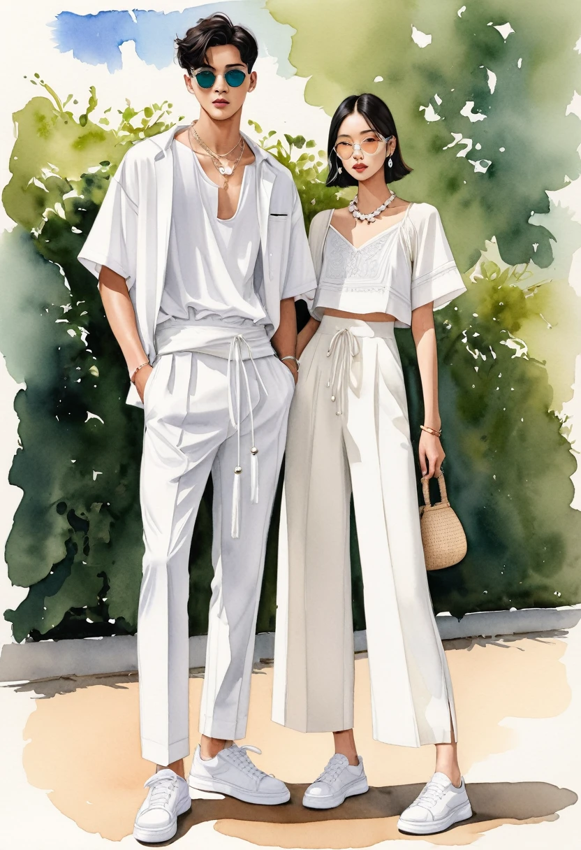 candid fashion illustration of young Asian man and woman, both aged 20 year old, ((showcase fashion look book in a White rayon outfits)), inspired by Dior's resort collection 2023 in elegant young chic bohemian style. The man wears an oversized short-sleeved bowling white shirt with a minimal embroidery details, paired with relaxed-fit white Sports pants with Drawstring, He completes his look with white sneakers, round glasses. The woman complements him in a white Ankle-length dress in cotton woven fabric, open neckline, Smocked sections details to creating gathers effect, Her ensemble includes an accessorizes with a brimmed straw bag, pom-pom necklace and white sneakers and necklace. Captured in a low angle, ((full-body image)), ((light green leaf water color background)), sketching, realistic drawing, ((imperfect water color drawing)), fashion look book, fashion illustrator, sketch design, Jacquemus, Paris,