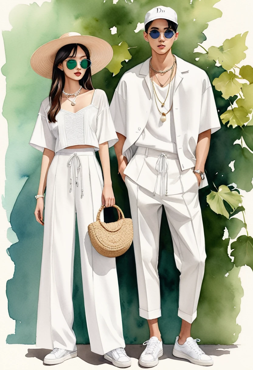 candid fashion illustration of young Asian man and woman, both aged 20 year old, ((showcase fashion look book in a White rayon outfits)), inspired by Dior's resort collection 2023 in elegant young chic bohemian style. The man wears an oversized short-sleeved bowling white shirt with a minimal embroidery details, paired with relaxed-fit white Sports pants with Drawstring, He completes his look with white sneakers, round glasses. The woman complements him in a white Ankle-length dress in cotton woven fabric, open neckline, Smocked sections details to creating gathers effect, Her ensemble includes an accessorizes with a brimmed straw bag, pom-pom necklace and white sneakers and necklace. Captured in a low angle, ((full-body image)), ((light green leaf water color background)), sketching, realistic drawing, ((imperfect water color drawing)), fashion look book, fashion illustrator, sketch design, Jacquemus, Paris,