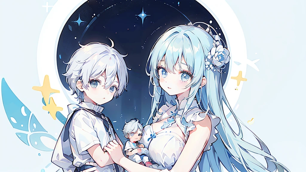 (((Mother and son,My son is a newborn baby.)))、((Highest quality、Masterpiece、Official Art、The best dynamic composition))、They both have a mixture of blue and white hair.、She is happily stroking the baby's cheek.、Heartwarming、happiness、A sparkling world、