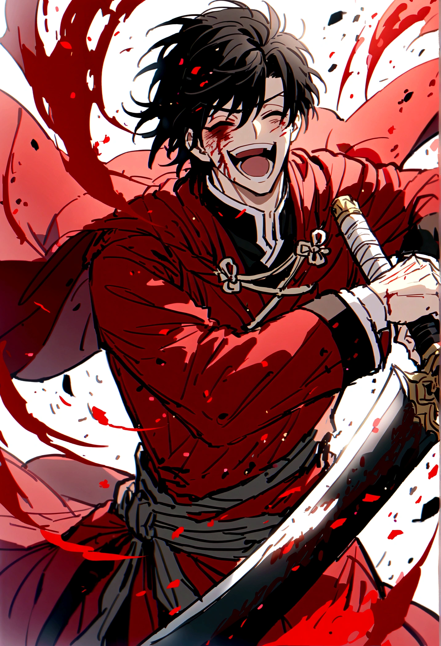 Anime character holding sword and red cloak, Beautiful Shinigami, Red robe,Chinese style traditional, handsome guy,Dark circles,Pathological,Laughing,Blood气,Madness,Wound,Blood,(only one person),Normal body,Black hair
