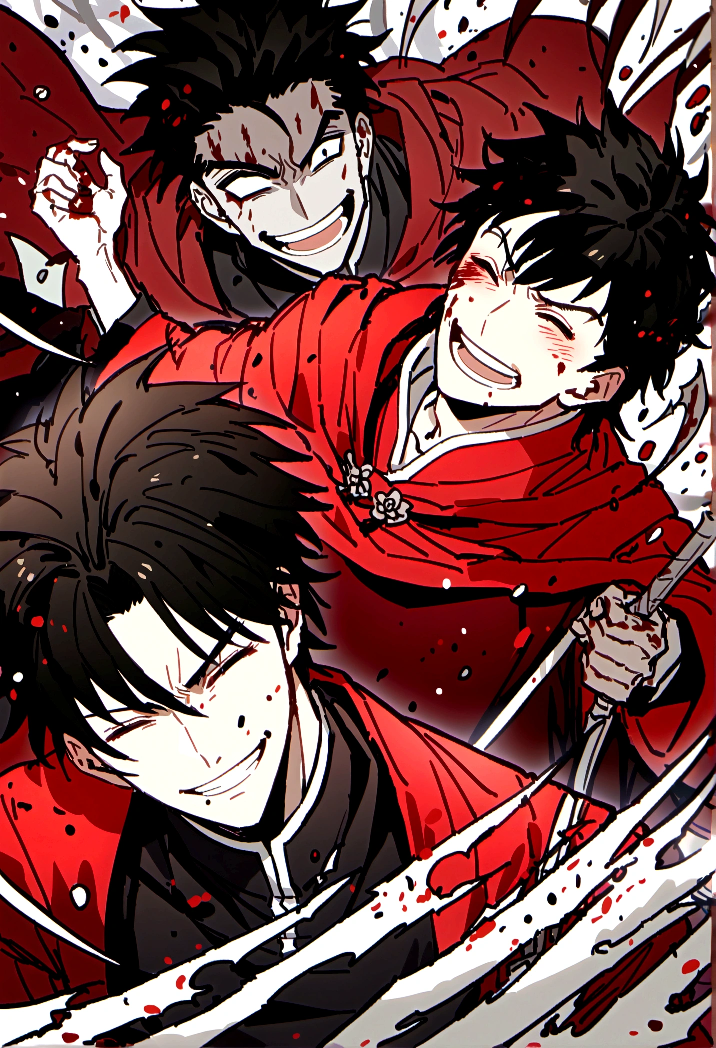 Anime character holding sword and red cloak, Beautiful Shinigami, Red robe,Chinese style traditional, handsome guy,Dark circles,Pathological,Laughing,Blood气,Madness,Wound,Blood,(only one person),Normal body,Black hair