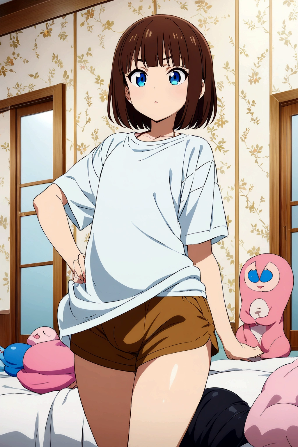 Anime boy, flat chest, big hips, high quality image, bulge, femboy, otokonoko, brown short hair, bangs, blue eyes, cute outfit, big T-shirt, shorts