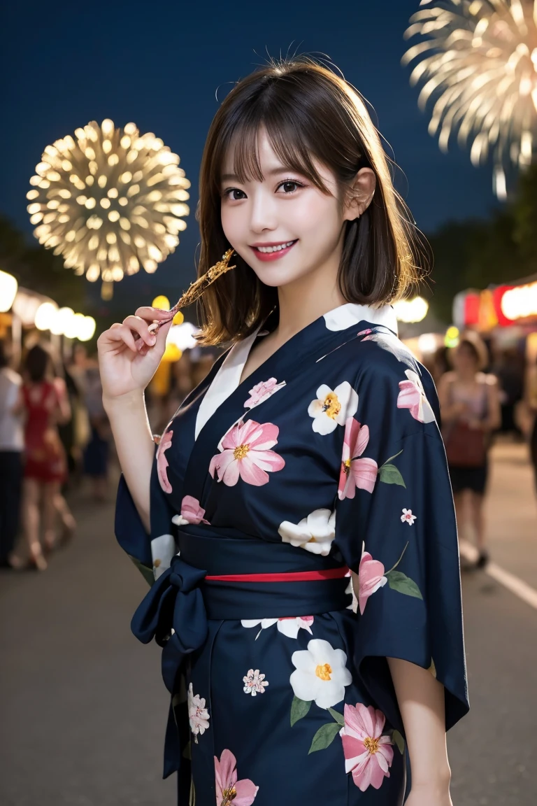 Summer festival, food stalls, night, fireworks , Highest quality, shape, Very detailed, In detail, High resolution, 8k wallpaper, Perfect dynamic composition, Beautiful details, Natural Lip, Cute yukata, Big Breasts, She is smiling cutely while walking.., A masterpiece of the whole body, Full Body Shot