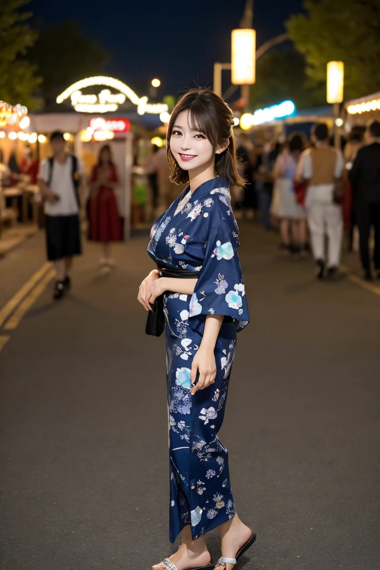 Summer festival, food stalls, night, fireworks , Highest quality, shape, Very detailed, In detail, High resolution, 8k wallpaper, Perfect dynamic composition, Beautiful details, Natural Lip, Cute yukata, Big Breasts, She is smiling cutely while walking.., A masterpiece of the whole body, Full Body Shot