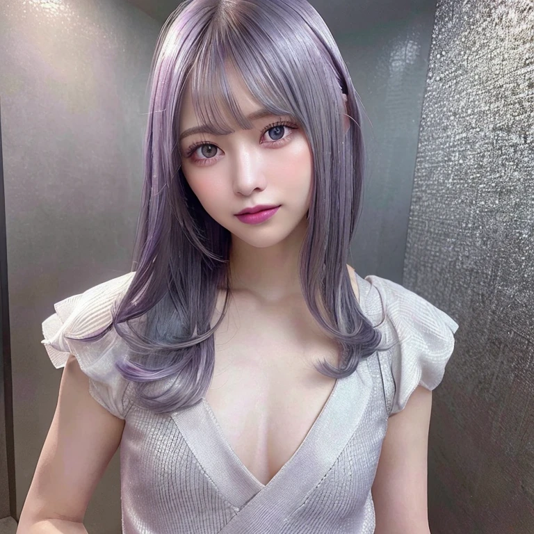 One girl,Beautiful vintage colors, Instagram (photoRealistic, High resolution:1.4), ((Puffy eyes)), View your viewers, , whole body (8K, RAW Photos, Highest quality, masterpiece:1.2), (Realistic, photo-Realistic:1.37),(Sharp focus:1.2), Professional Lighting, Photon Mapping, Radio City, Physically Based Rendering, (Pale skin:1.2),(Small breasts:1.2), View your viewers, (Mid-length hair:1.5), Portraiture, Purple eyes, (Silver Hair:1.1),bangs, (Simple Background:1.4), alone, Upper Body, Realistic,(masterpiece:1.4),(Highest quality:1.4),(Shiny skin),Fashionable Girl,compensate,smile(skinny,Mouth closed,shy :1.3) ,(Are standing,