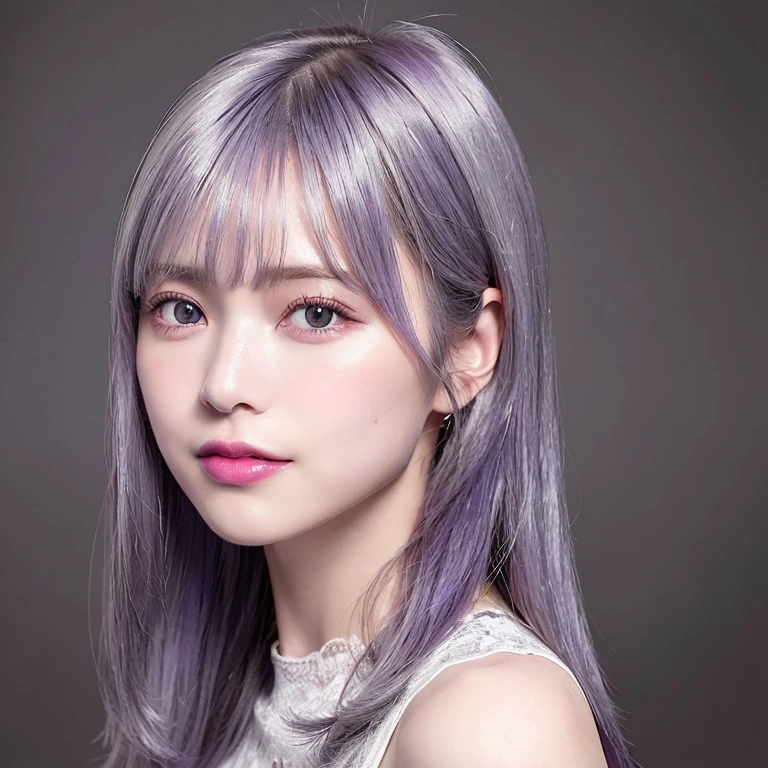 One girl,Beautiful vintage colors, Instagram (photoRealistic, High resolution:1.4), ((Puffy eyes)), View your viewers, , whole body (8K, RAW Photos, Highest quality, masterpiece:1.2), (Realistic, photo-Realistic:1.37),(Sharp focus:1.2), Professional Lighting, Photon Mapping, Radio City, Physically Based Rendering, (Pale skin:1.2),(Small breasts:1.2), View your viewers, (Mid-length hair:1.5), Portraiture, Purple eyes, (Silver Hair:1.1),bangs, (Simple Background:1.4), alone, Upper Body, Realistic,(masterpiece:1.4),(Highest quality:1.4),(Shiny skin),Fashionable Girl,compensate,smile(skinny,Mouth closed,shy :1.3) ,(Are standing,
