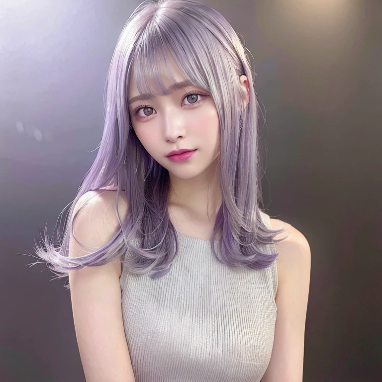 One girl,Beautiful vintage colors, Instagram (photoRealistic, High resolution:1.4), ((Puffy eyes)), View your viewers, , whole body (8K, RAW Photos, Highest quality, masterpiece:1.2), (Realistic, photo-Realistic:1.37),(Sharp focus:1.2), Professional Lighting, Photon Mapping, Radio City, Physically Based Rendering, (Pale skin:1.2),(Small breasts:1.2), View your viewers, (Mid-length hair:1.5), Portraiture, Purple eyes, (Silver Hair:1.1),bangs, (Simple Background:1.4), alone, Upper Body, Realistic,(masterpiece:1.4),(Highest quality:1.4),(Shiny skin),Fashionable Girl,compensate,smile(skinny,Mouth closed,shy :1.3) ,(Are standing,