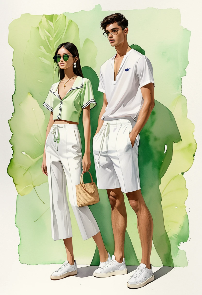candid fashion illustration of young Asian man and woman, both aged 20 year old, ((showcase fashion look book in a White rayon outfits)), inspired by Dior's resort collection 2023 in elegant young chic bohemian style. The man wears an oversized short-sleeved bowling white shirt with a minimal embroidery details, paired with relaxed-fit white Sports pants with Drawstring, He completes his look with white sneakers, round glasses. The woman complements him in a white Ankle-length dress in cotton woven fabric, open neckline, Smocked sections details to creating gathers effect, Her ensemble includes an accessorizes with a brimmed straw bag, pom-pom necklace and white sneakers and necklace. Captured in a low angle, ((full-body image)), ((light green leaf water color background)), sketching, realistic drawing, ((imperfect water color drawing)), fashion look book, fashion illustrator, sketch design, Jacquemus, Paris,