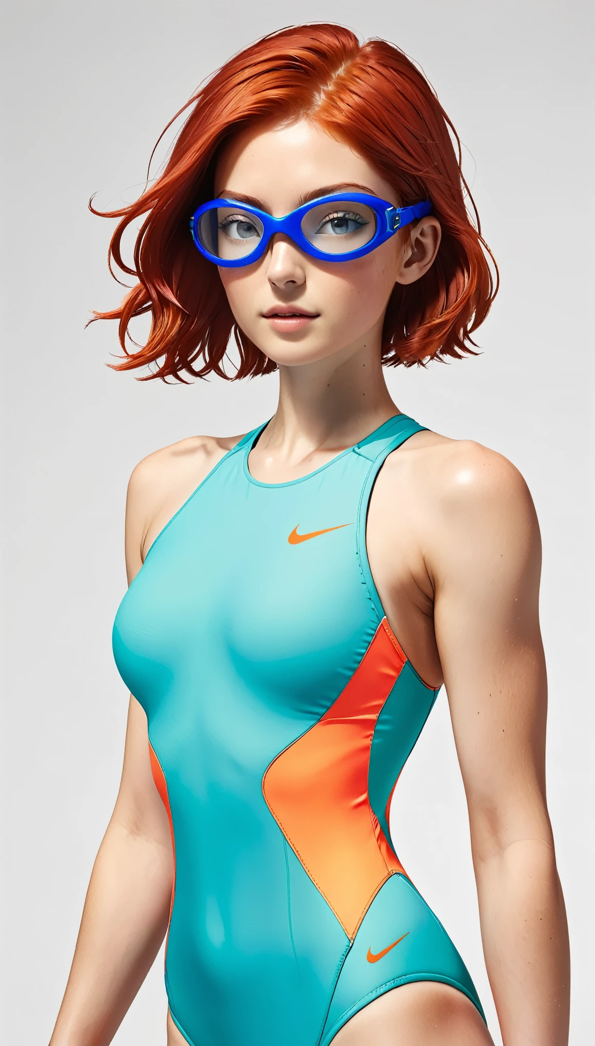 Competitive swimming suits、Swimming goggles、Red hair、Shortcuts、Upper Body、Simple Background、Moderate bust、NIKE Swimsuit