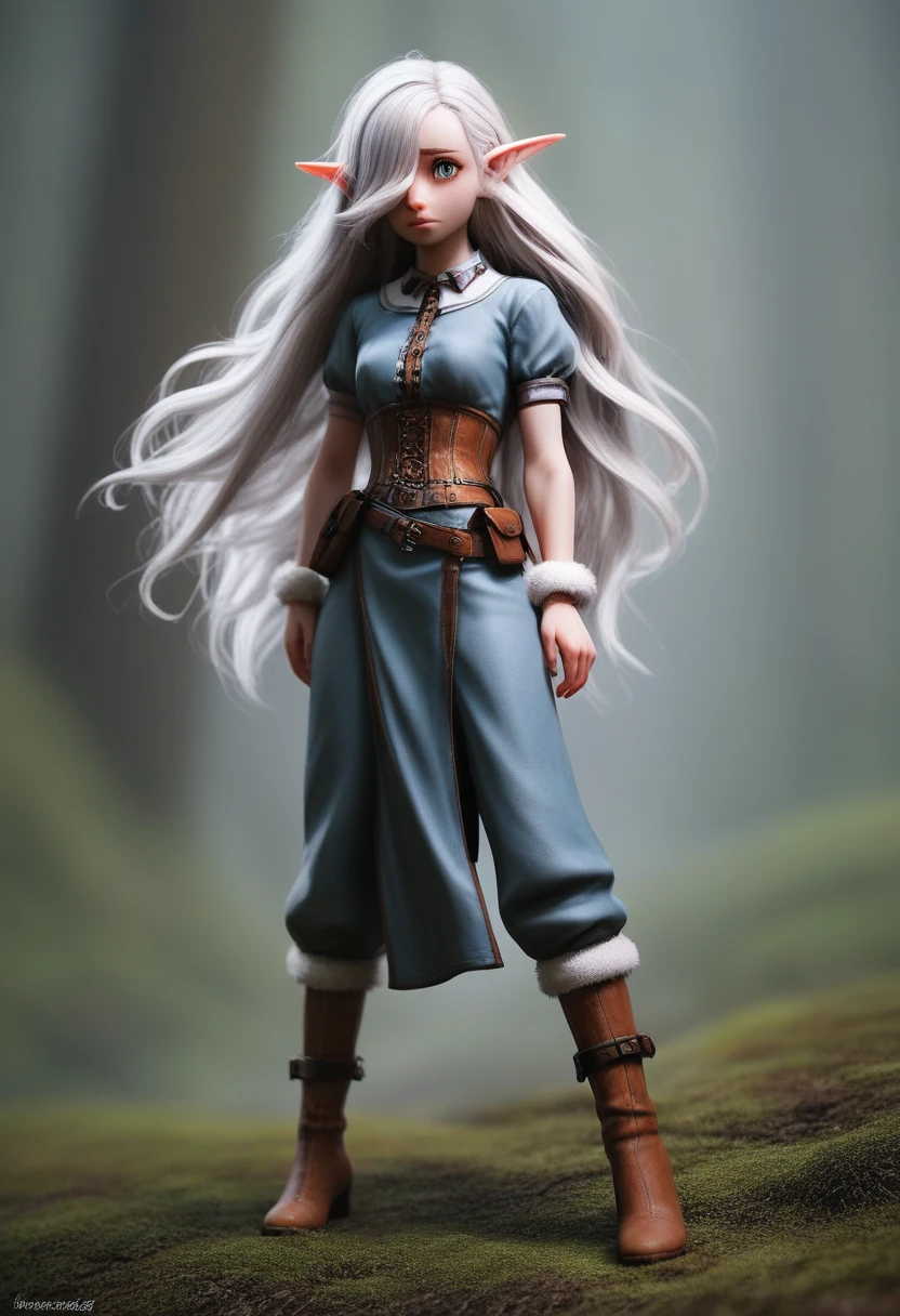 a small girl with pale skin, very long wavy silver hair covering one eye, bright blue anime-style eyes with long lashes, wearing a corset, white puffy long sleeved shirt, and puffy cloth pants, leather bound boots, set in a windy fantasy landscape, (best quality, 4k, 8k, highres, masterpiece :1.2),ultra-detailed,dungeons and dragons, long elf ears, detailed skin and cloth textures, cute detailed face,intricate details,extremely detailed,1girl,dynamic pose with hair covering one eye, shy personality, puffy cloth pants with leather belt, detailed privateer outfit, detailed buccaneer outfit, pouch on belt, wearing ornate leather armor with fur trim, silver inlay detail, wearing fur trimmed boots, wearing fur trimmed gloves, short, short height, halfing girl, small girl, very long detailed flowing hair, big head, big round eyes, windy, wind blown hair,bwirey muscles, fighter, dynamic angle, kineticist, pathfinder, pathfinder kineticist, wind kineticist