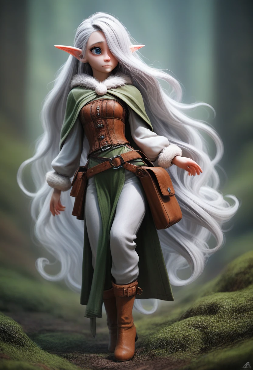 a small girl with pale skin, very long wavy silver hair covering one eye, bright blue anime-style eyes with long lashes, wearing a corset, white puffy long sleeved shirt, and puffy cloth pants, leather bound boots, set in a windy fantasy landscape, (best quality, 4k, 8k, highres, masterpiece :1.2),ultra-detailed,dungeons and dragons, long elf ears, detailed skin and cloth textures, cute detailed face,intricate details,extremely detailed,1girl,dynamic pose with hair covering one eye, shy personality, puffy cloth pants with leather belt, detailed privateer outfit, detailed buccaneer outfit, pouch on belt, wearing ornate leather armor with fur trim, silver inlay detail, wearing fur trimmed boots, wearing fur trimmed gloves, short, short height, halfing girl, small girl, very long detailed flowing hair, big head, big round eyes, windy, wind blown hair,bwirey muscles, fighter, dynamic angle, kineticist, pathfinder, pathfinder kineticist, wind kineticist