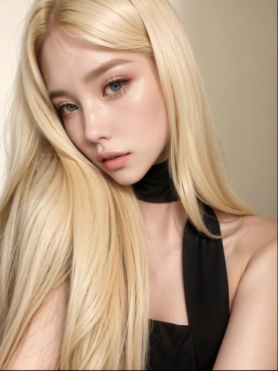blonde woman with long hair wearing a black blouse with a choker collar, parque roseanne de blackpink, very light blonde hair, extremely light blonde hair, with white long hair, long blonde hair and big eyes, with long blonde hair, with long white hair, ava max, long blonde hair and big eyes, A girl with blonde hair, Retrato de Jossi do Blackpink