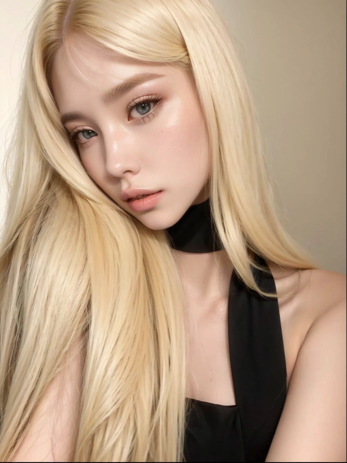 blonde woman with long hair wearing a black blouse with a choker collar, parque roseanne de blackpink, very light blonde hair, extremely light blonde hair, with white long hair, long blonde hair and big eyes, with long blonde hair, with long white hair, ava max, long blonde hair and big eyes, A girl with blonde hair, Retrato de Jossi do Blackpink