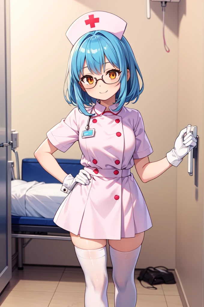 1girl, solo, nurse, nurse cap, white nurse uniform, ((white legwear, zettai ryouiki)), white gloves, glasses, blue hair, orange eyes, smile, standing, ((hospital room)), sharp outline, short sleeves, best quality, masterpiece