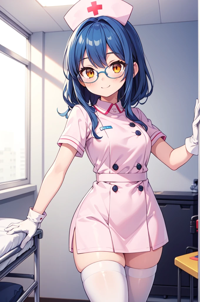 1girl, solo, nurse, nurse cap, white nurse uniform, ((white legwear, zettai ryouiki)), white gloves, glasses, blue hair, orange eyes, smile, standing, ((hospital room)), sharp outline, short sleeves, best quality, masterpiece