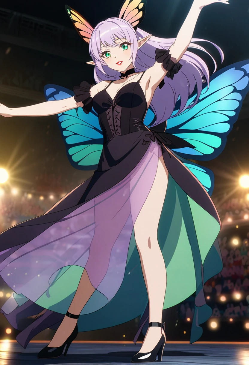 Irish woman, anime, modest, beautiful, high quality, night, 8k, long waist length light pale purple hair, green eyes, red lips, eyelashes, long saloon girl dress, heels, elf ears, large colorful butterfly fairy wings, stage, dancing