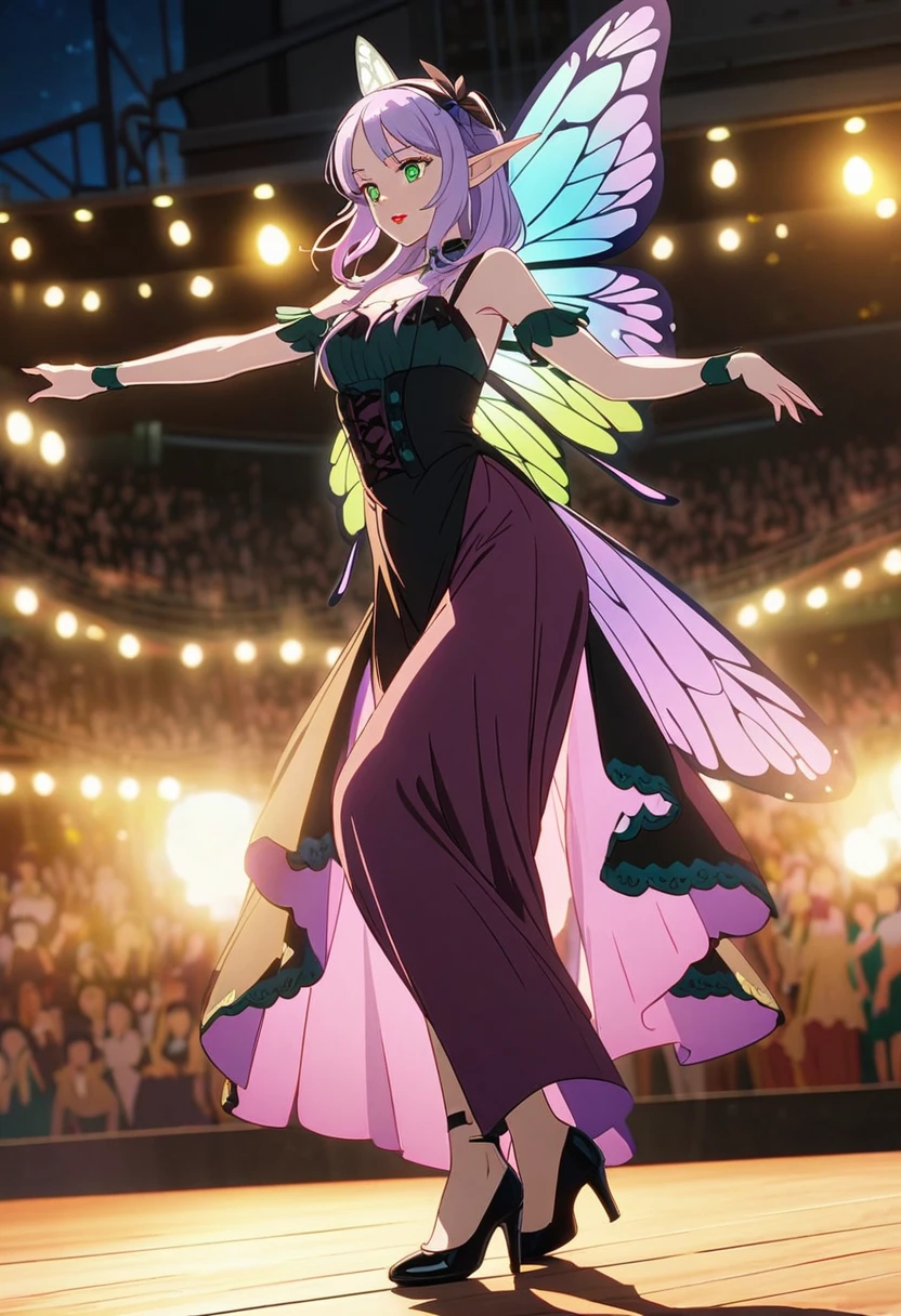 Irish woman, anime, modest, beautiful, high quality, night, 8k, long waist length light pale purple hair, green eyes, red lips, eyelashes, long saloon girl dress, heels, elf ears, large colorful butterfly fairy wings, stage, dancing