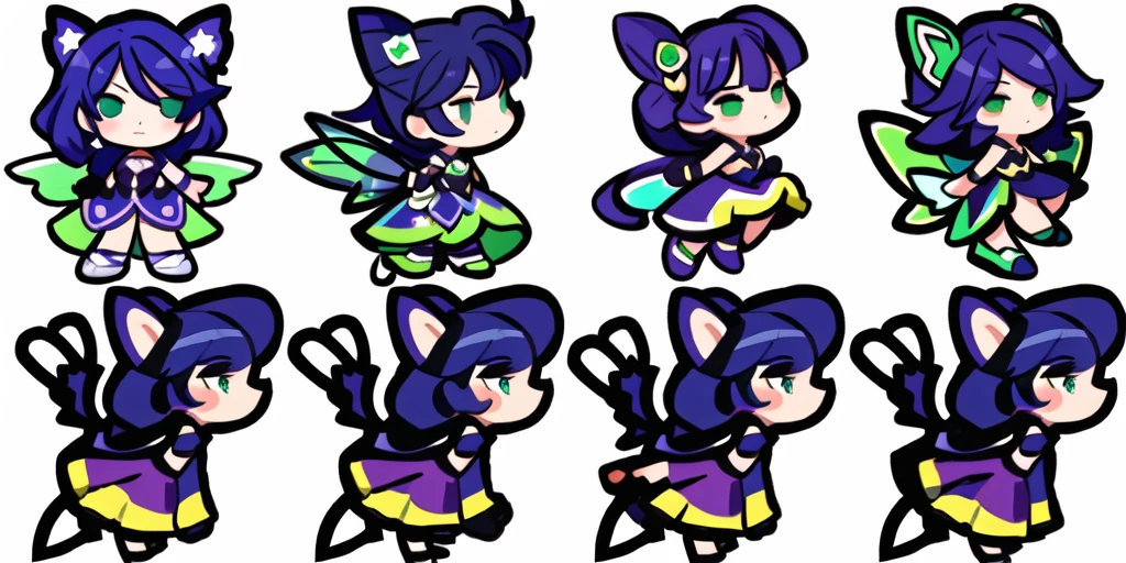 a close up of a cartoon character with different poses, spritesheet, sprite sheet, with familiar sprites, sprites, fairy girl, morgana, default pose neutral expression, twirling, sprite 2 d, shady, green fairy, smol,  multiple poses, cute chibi, kawaii